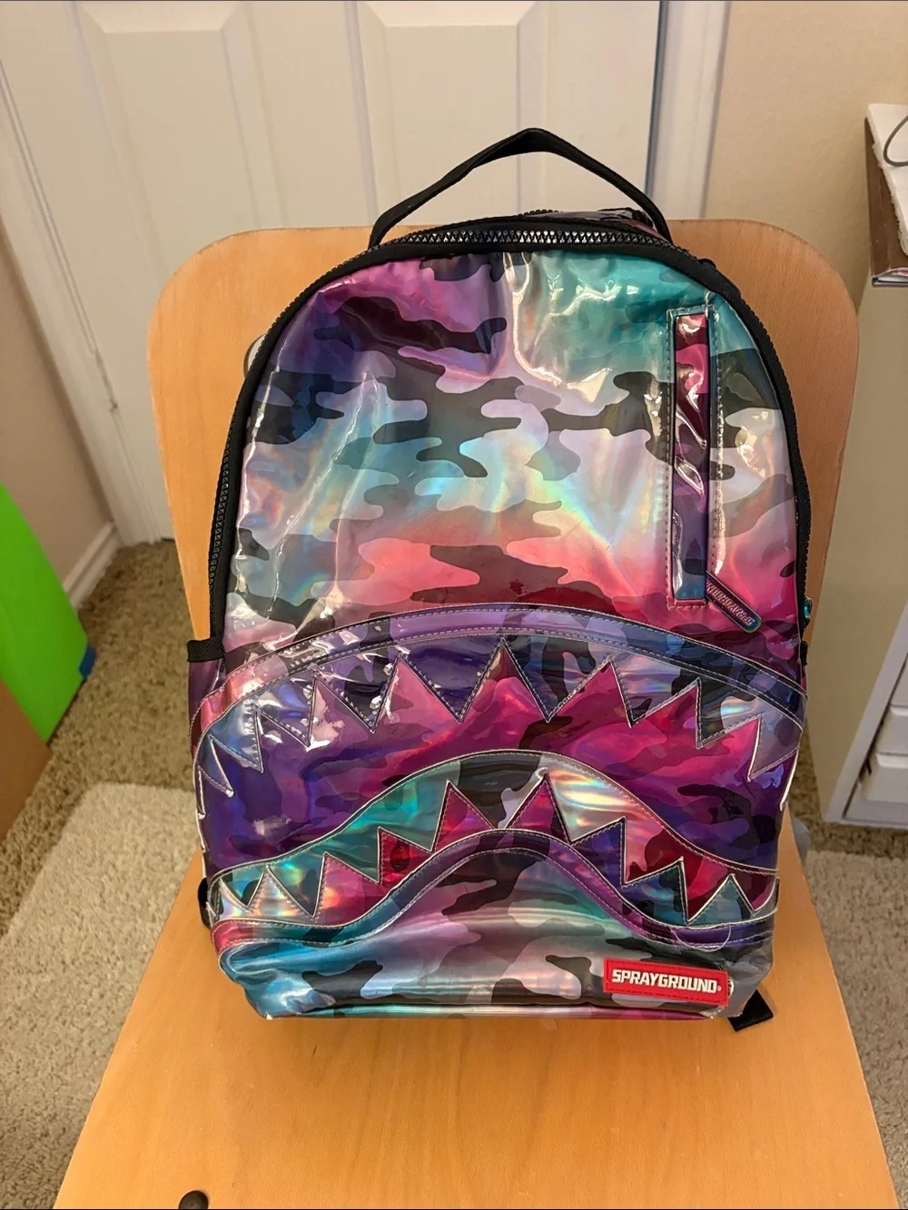 Sprayground Holographic Teal Purple Pink Camo Shark Backpack.